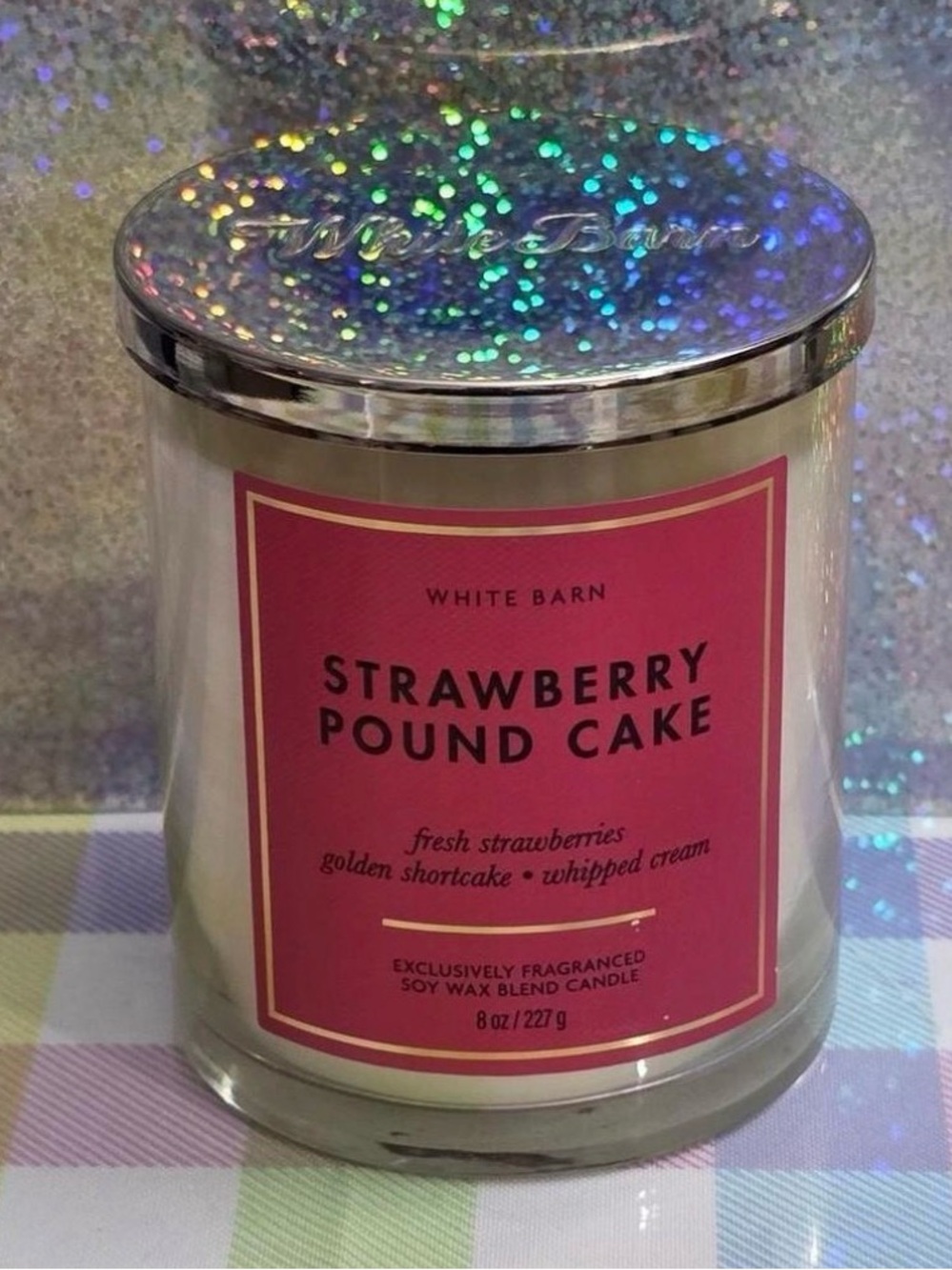 White Barn Strawberry Pound Cake Candle - Pink Label, Silver Lid